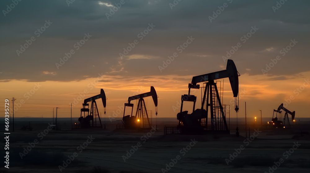 Photo of crude oil pumpjack rig at sunset. Concept art of oil production or issues of nature protection 