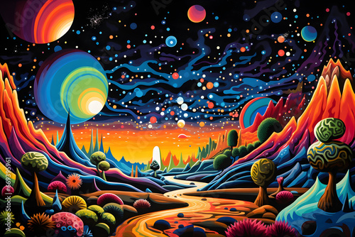 colourful painting of the alien landscape in cartoon style