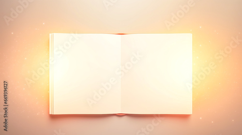Open white book on a light background, top view.
