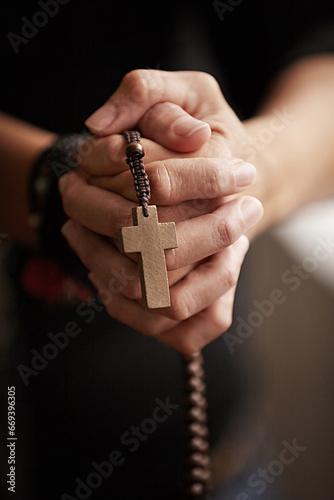 Photography Hands, prayer with beads and worship for religion, trust and spiritual wellness with hope, peace and love