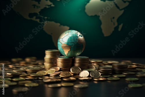 Green Earth globe featuring a world map stands next to coins