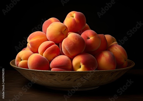 A hyperrealistic still life photograph of a bowl filled with ripe peaches, captured with a macro