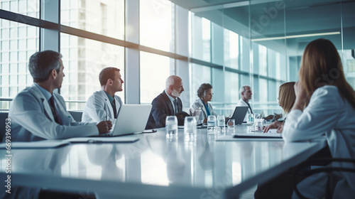 copy space, stockphoto, Medical team interacting at a meeting in conference room. Group of multiracial medical staff having a meeting in a room. Discussion in a meeting room. photo
