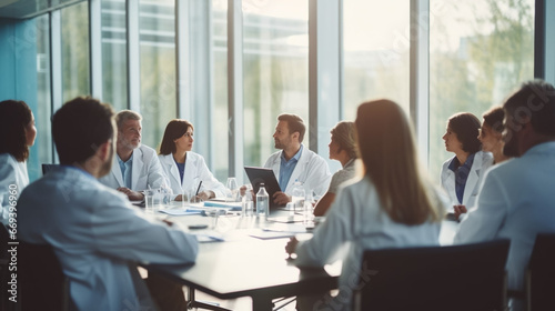 copy space  stockphoto  Medical team interacting at a meeting in conference room. Group of multiracial medical staff having a meeting in a room. Discussion in a meeting room.