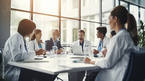 copy space, stockphoto, Medical team interacting at a meeting in conference room. Group of multiracial medical staff having a meeting in a room. Discussion in a meeting room. photo