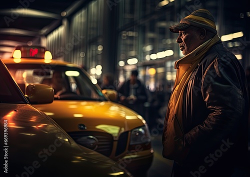 A long exposure shot of a cab driver waiting for passengers at a busy airport, with streaks of