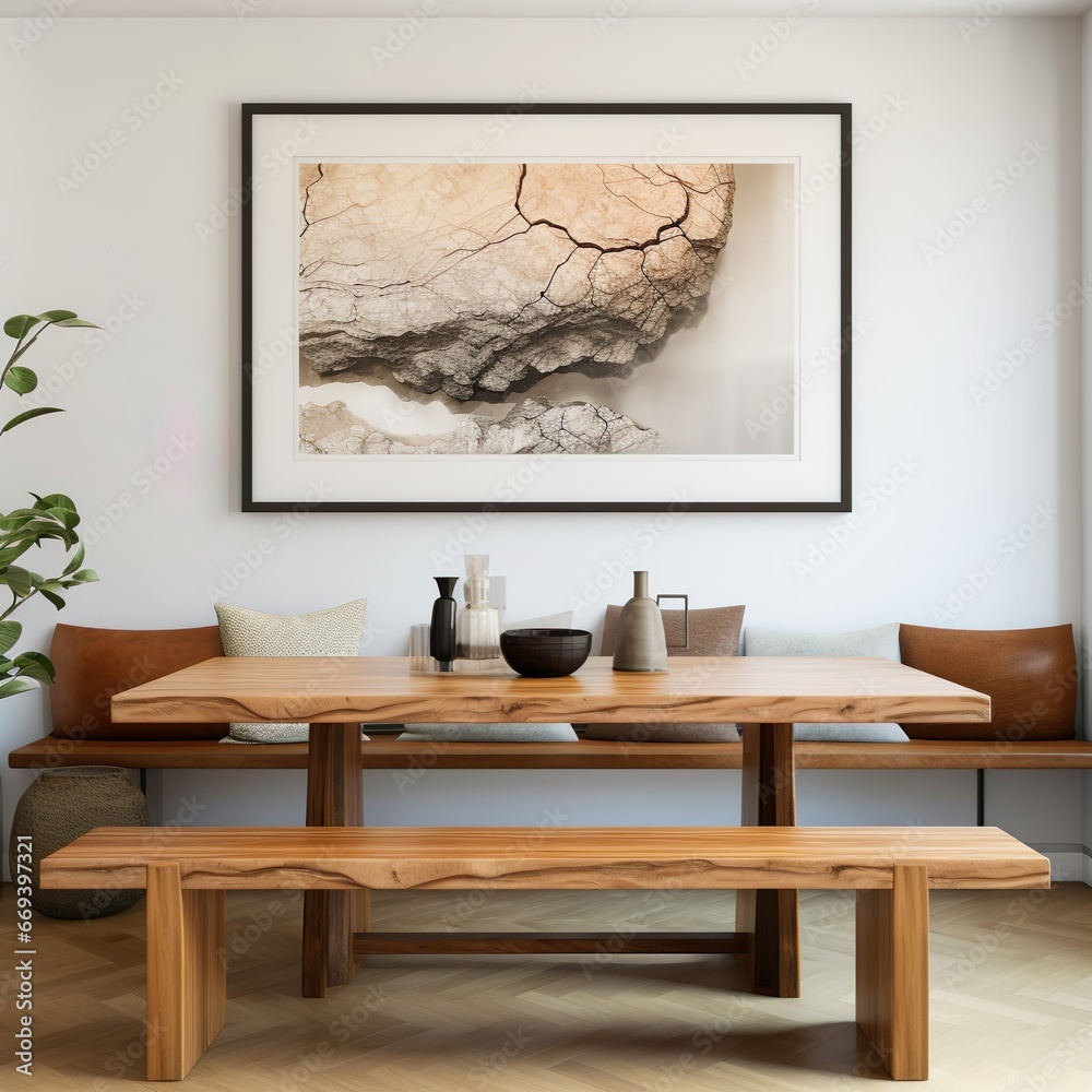 Dining table and rustic wooden bench. Interior design of modern dining room with large art poster frame - Generative AI Dining table and rustic wooden bench. Interior design of modern dining room with large art poster frame - Generative AI