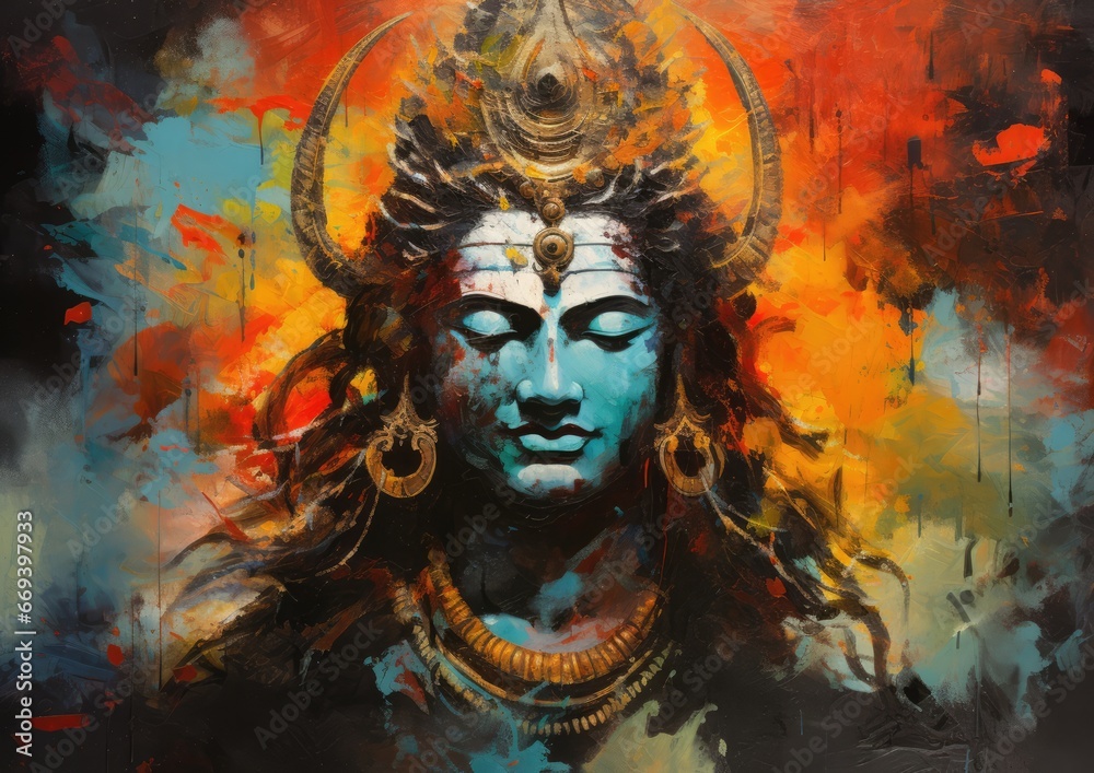 An abstract expressionist interpretation of Shiva, using bold brushstrokes and vibrant colors to