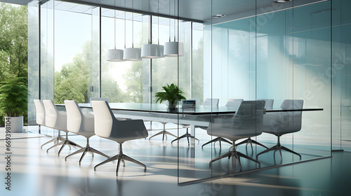 Beautiful photo of a clean and glassed conference room. A large number of glasses show the modernity of this office