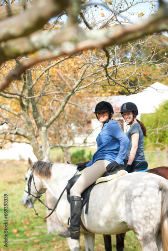 Portrait, friends or women horse riding in nature or countryside with rider or jockey for recreation. Happy, teamwork or equestrian with smile to start training, exercise or workout in ranch or farm