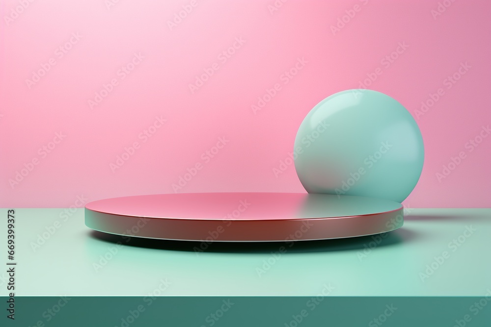 A blue sphere near a pink podium on a pink background. Stand for cosmetics presentation. A blue sphere near a pink podium on a pink background. Stand for cosmetics presentation.