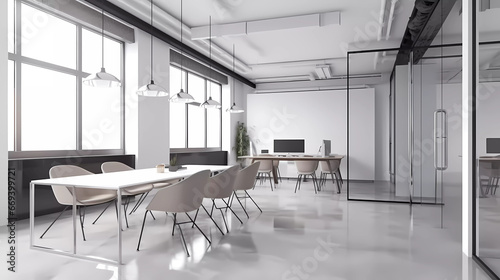 3d rendering modern office interior design with meeting room  tables  chairs and desktop.Creative office concept.