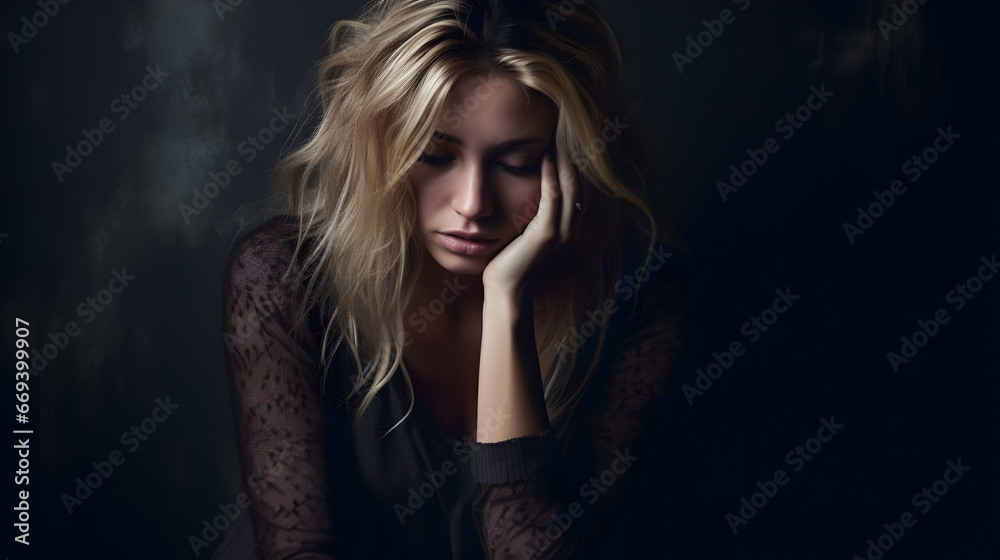 Fototapeta premium Portrait of a young blonde woman sitting on a floor, holding her head. Hopeless and depressed against a textured, cracked wall.