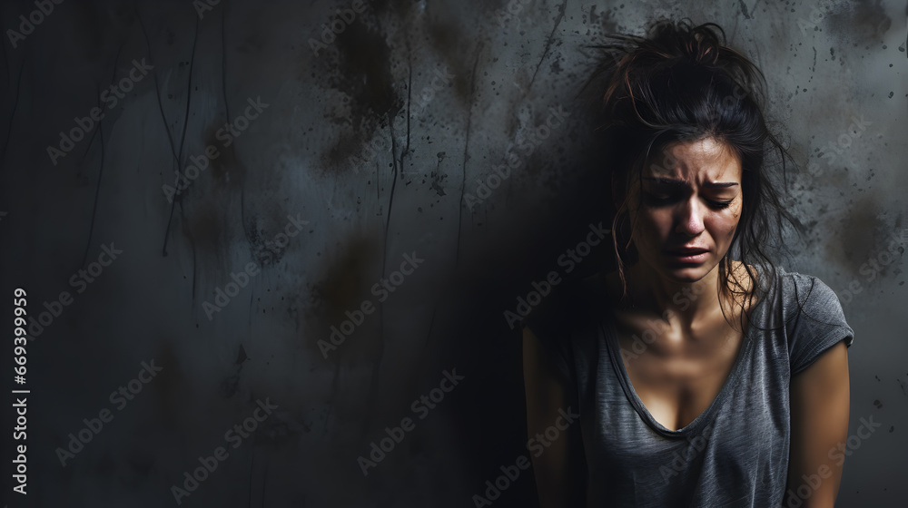 Portrait of a young brunette woman sitting on a floor, hopeless and depressed against a textured, cracked wall. Portrait of a young brunette woman sitting on a floor, hopeless and depressed against a textured, cracked wall.
