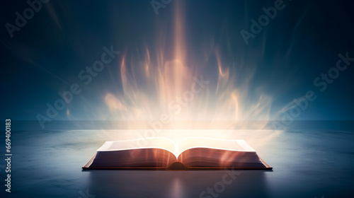 An open magic book with bright sparkling light rays. photo