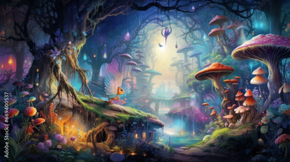 Fototapeta premium Mythical Forest Fantasy Luminous Creatures & Enchanted Flora