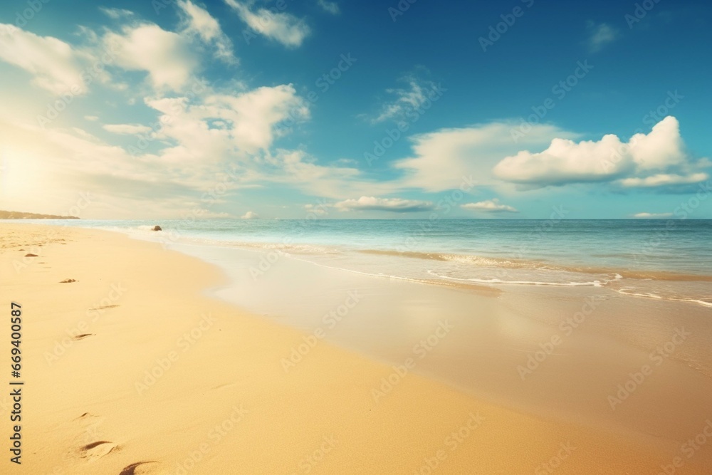 Calm beach view featuring sand, sky, and sunny atmosphere. Generative AI