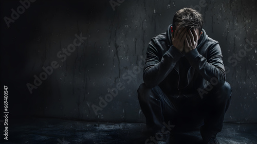 Young man sitting on a floor, hopeless and depressed against a textured, cracked wall.