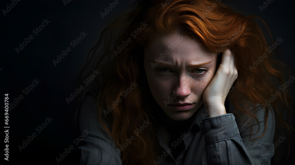 Portrait of a young redhead woman sitting on a floor, hopeless and depressed against a textured, cracked wall.