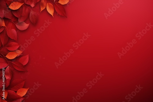 Rich red holiday background with autumn leaves falling. Natural banner with ample space for text. Generative AI