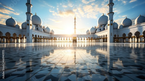 A grand mosque set against a breathtaking sky