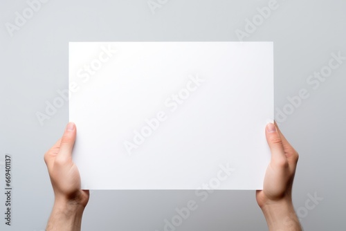 Hands Hold Blank Paper Against White Background