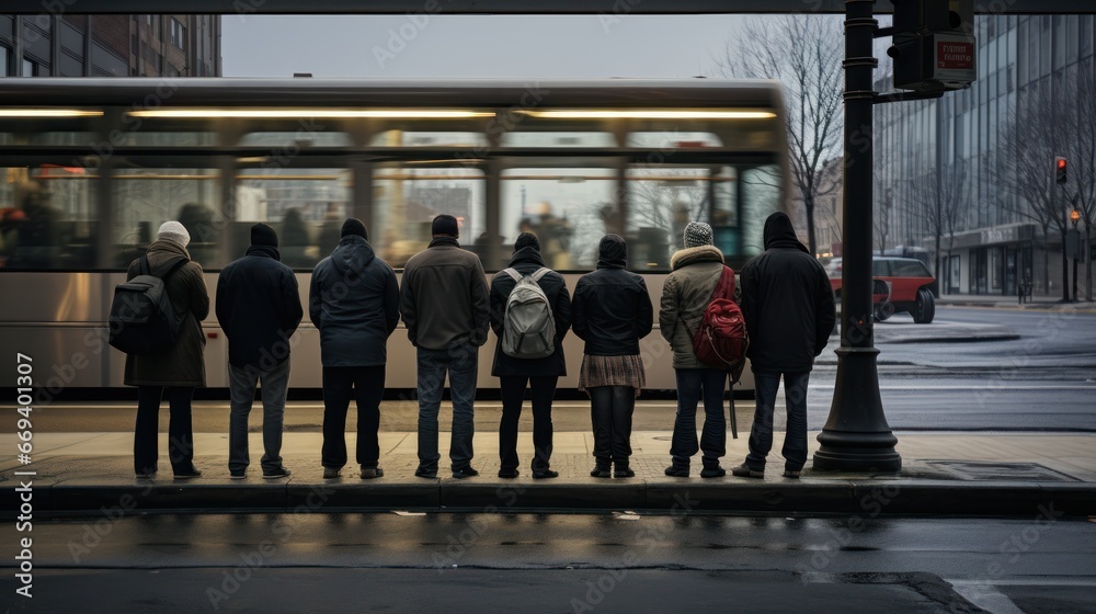 People gathering and waiting patiently at the bus stop