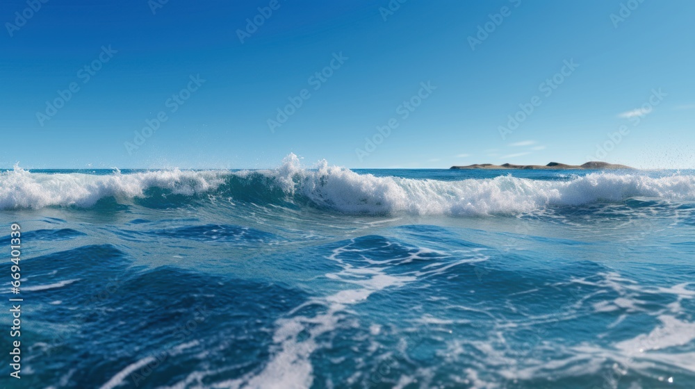 The tranquil moment of ocean waves meeting a clear blue sky