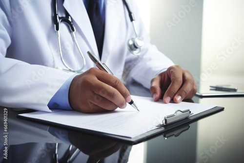 Medical Professional Engrossed In Writing On Document