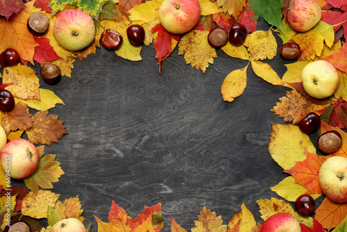 autumn background with leaves, apples and chestnuts, top view,
