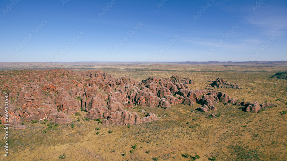 Wide angle aerial view of the famous beehive domes of the Bungle Bungle ranges (Purnululu), Western Australia