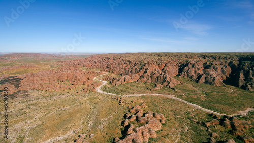 Wide angle aerial view of the famous beehive domes of the Bungle Bungle ranges (Purnululu), Western Australia photo