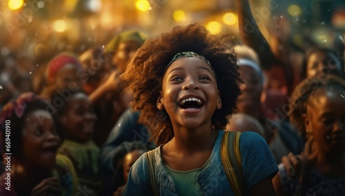An exuberant AI-generated crowd celebrates, with a joyful woman at the forefront raising her arms in triumph. Ideal for illustrating community spirit, festivals, or significant moments.