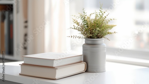 A serene setting of a white ceramic pitcher with dried branches placed next to a stack of books on a neutral backdrop. Ideal for home and interior design themes.