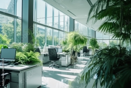 office designed for sustainability and efficiency  nestled within a modern building surrounded by lush greenery. Embrace a work environment that values the planet