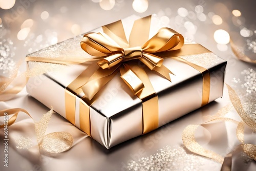 A beautifully wrapped gift with a shimmering metallic bow, ready to be unwrapped.