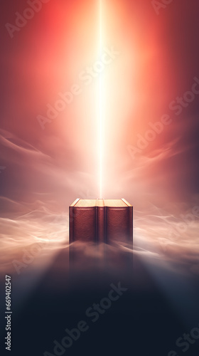 Large closed book with bright light, holy book of the Bible concept.