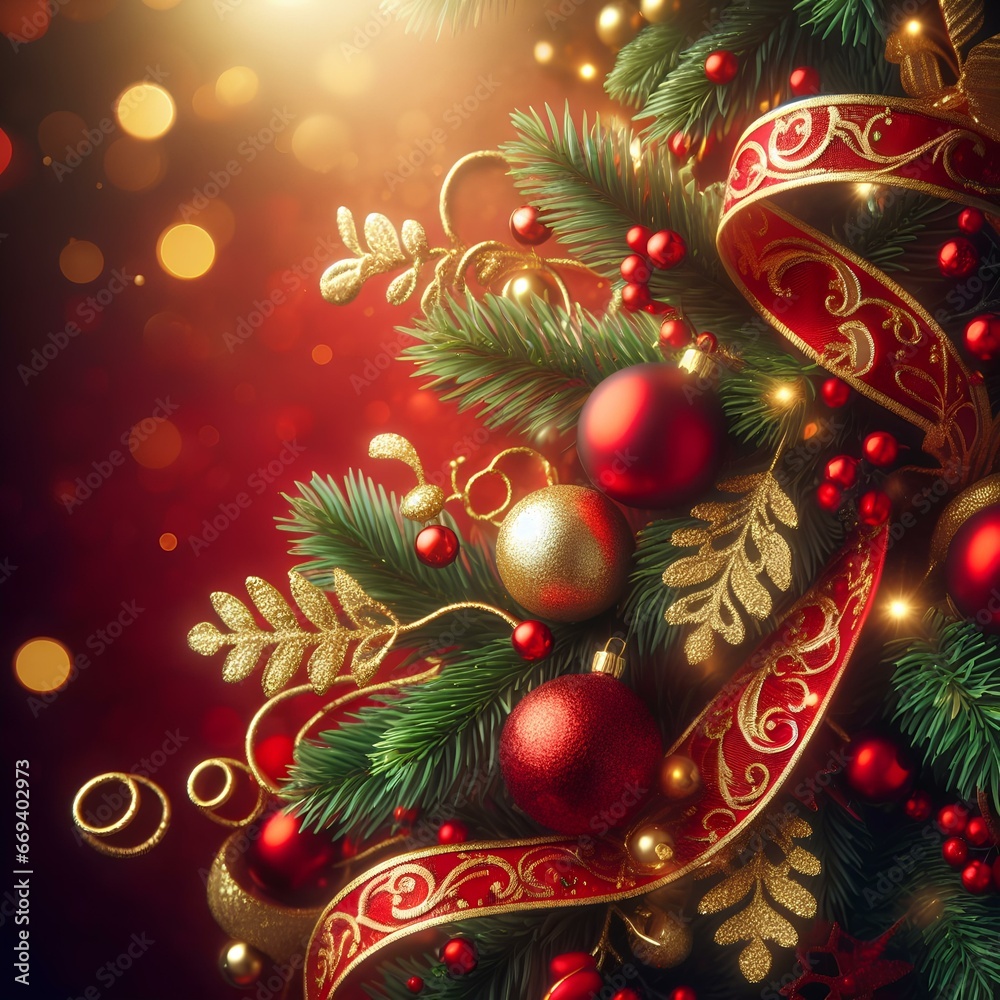 A Christmas-themed background with a red and gold gradient and a green garland with red and gold ornaments, Christmas background A Christmas-themed background with a red and gold gradient and a green garland with red and gold ornaments, Christmas background