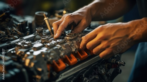 Skilled mechanics at work, tuning up engines for peak performance