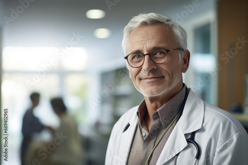 Senior Male Doctor With Patient Discussing In Hospital Corridor