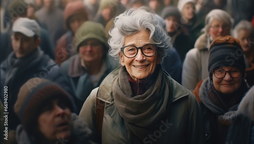 Radiant mature woman standing confidently amidst a bustling crowd, exuding positivity. Suitable for leadership, empowerment, and resilience themes.
