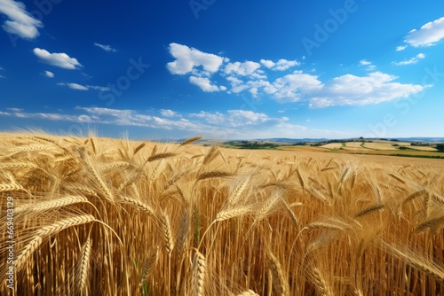 Beautiful agricultural field with ripening wheat on blue sky. Grain rural agriculture harvest plant. Generate Ai
