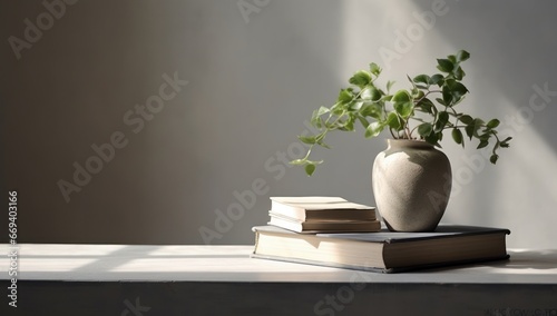 A serene still life featuring a potted plant in a ceramic vase, accompanied by a stack of books against a textured gray backdrop. Ideal for home decor and minimalist design concepts.