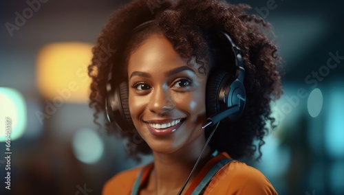 A focused young woman with curly hair, wearing a headset, engaged in a conversation against a dimly lit room. Ideal for tech support, customer service, and communication campaigns.