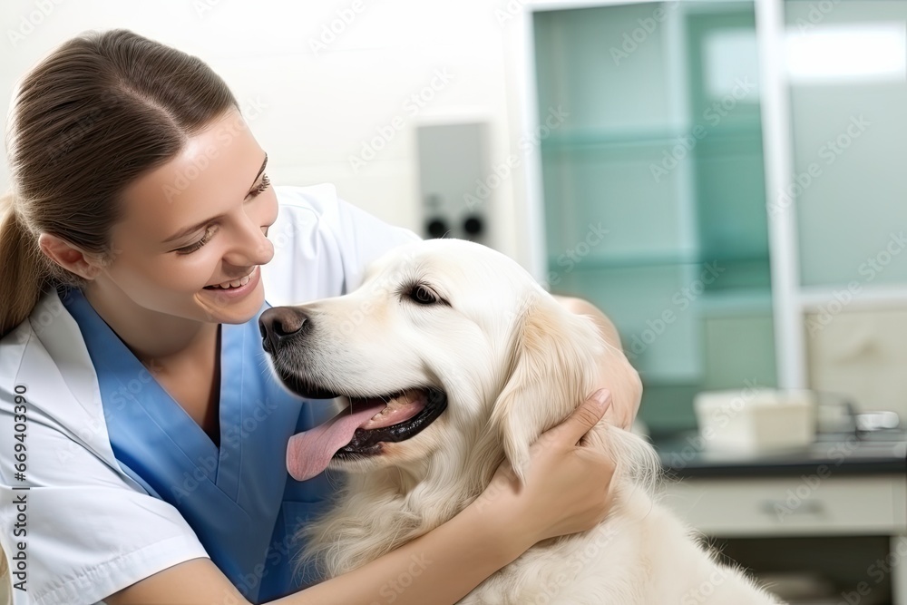 Vet session. Examination of golden retrievers mouth by veterinarian in bright clinical environment. Dog dental care.
