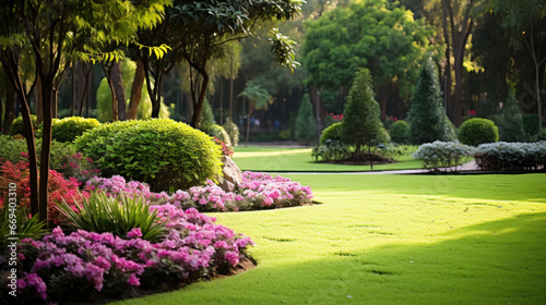 Peaceful Garden, An example of landscape design with lawn and bushes of different colors photo