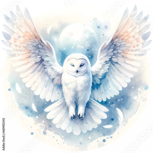 Watercolor painting of an elegant white owl in flight, surrounded white space background Hedwig Magical