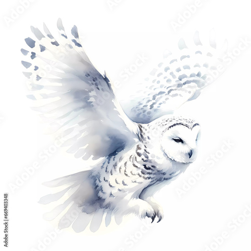 Watercolor painting of an elegant white owl in flight, surrounded white space background Hedwig Magical