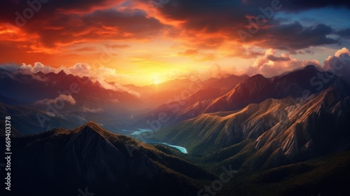 Mountains merging with the vibrant hues of sunset