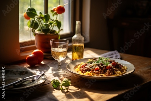 Spaghetti bolognese on the table in the kitchen near the window